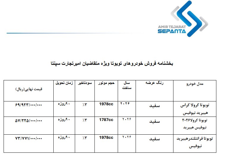 بخشنامه فروش خودروهای تویوتا ویژه متقاضیان امیرتجارت سپنتا ویژه متقاضیان